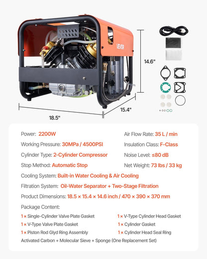 PCP Air Compressor, 4500PSI/30Mpa Diving Scuba Tank Air Compressor, Double Cylinder Auto-Stop PCP Diving Compressor with Built-in Water & Fan Cooling System for Paintball, Air Rifle, Scuba Tanks