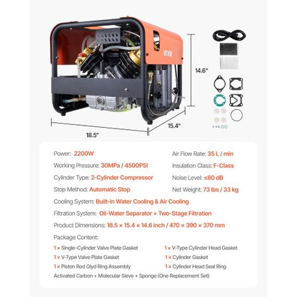 PCP luftkompressor 4500PSI/30MPa Dubbelcylindriga dykflaskluftkompressorer
