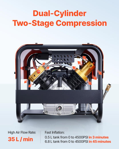 PCP Air Compressor, 4500PSI/30Mpa Diving Scuba Tank Air Compressor, Double-Cylinder Auto Stop PCP Diving Compressor with External Water & Fan Cooling System for Scuba Tanks, Paintball, Air Rifle