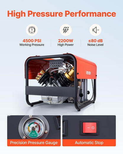 PCP Air Compressor, 4500PSI/30Mpa Diving Scuba Tank Air Compressor, Double-Cylinder Auto Stop PCP Diving Compressor with External Water & Fan Cooling System for Scuba Tanks, Paintball, Air Rifle