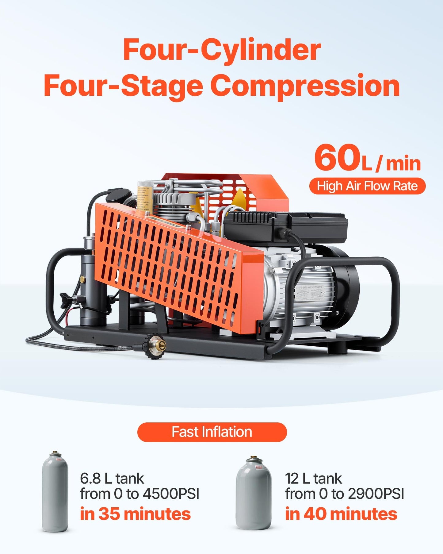 PCP Air Compressor, 4500PSI/30Mpa Diving Scuba Tank Air Compressor, 60 L/min Four-Cylinder Auto Stop PCP Rifle Compressor Pump with Fan Cooling System for Scuba Tanks, Paintball, Firefighting