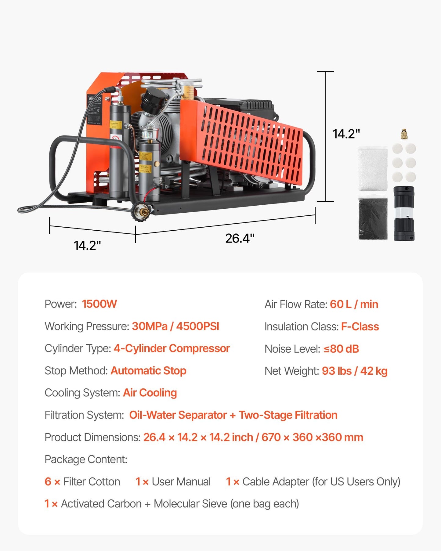 PCP Air Compressor, 4500PSI/30Mpa Diving Scuba Tank Air Compressor, 60 L/min Four-Cylinder Auto Stop PCP Rifle Compressor Pump with Fan Cooling System for Scuba Tanks, Paintball, Firefighting
