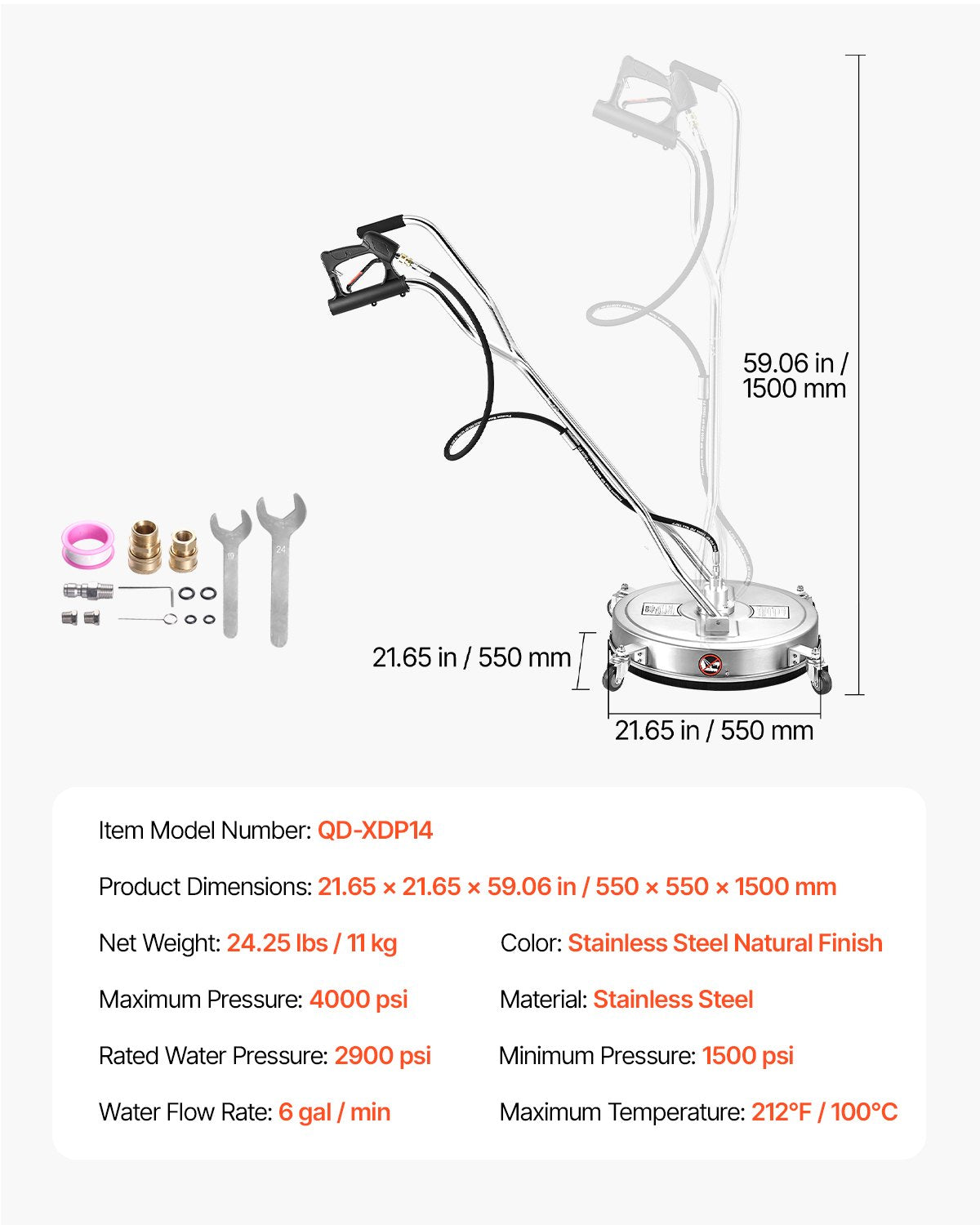 22" högtryckstvätt Ytrengöring 4 hjul Dubbla handtag 4000 Max PSI