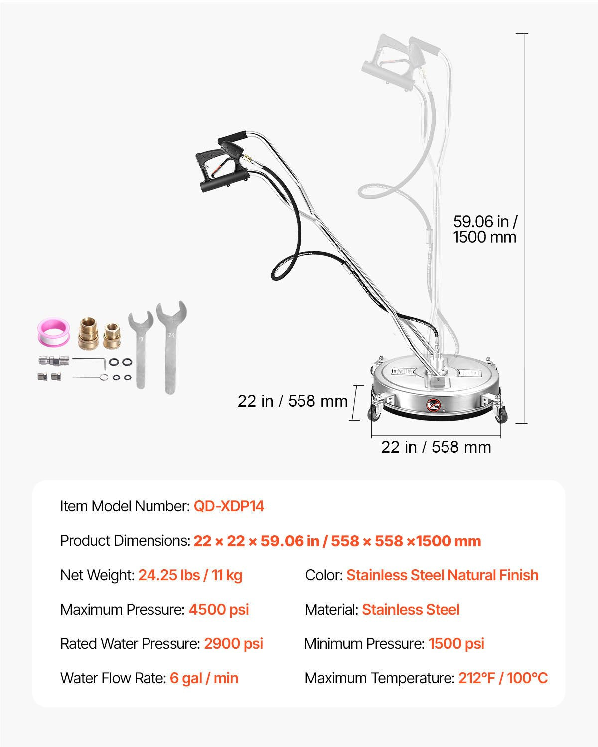 22" Pressure Washer Surface Cleaner, Stainless Steel Pressure Washer Attachments with 4 Wheels, 4500 Max PSI, 3/8 Quick Connector, 2 Spray Nozzles, Dual Handle, for Concrete, Patio, Sidewalk