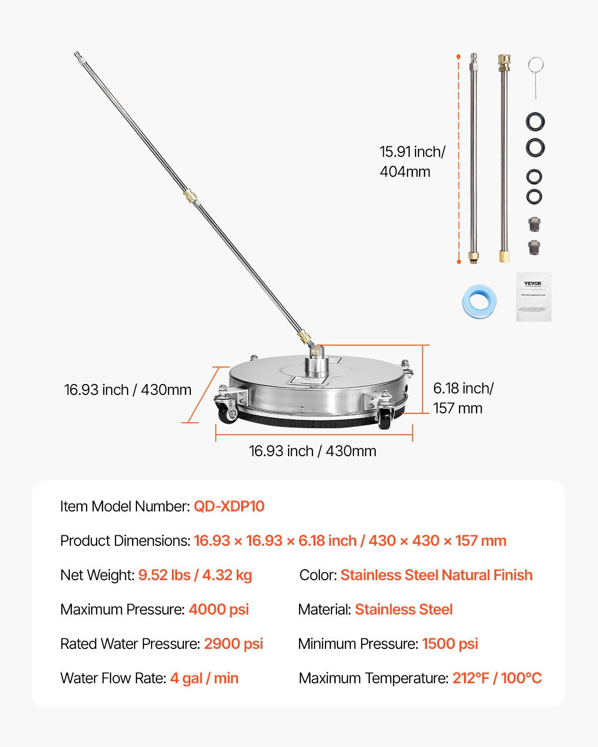 16,5" Hochdruckreiniger, Oberflächenreinigung, 4 Räder, Edelstahl, 4000 Max PSI