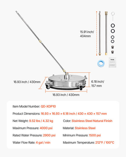 16,5" Hochdruckreiniger, Oberflächenreinigung, 4 Räder, Edelstahl, 4000 Max PSI