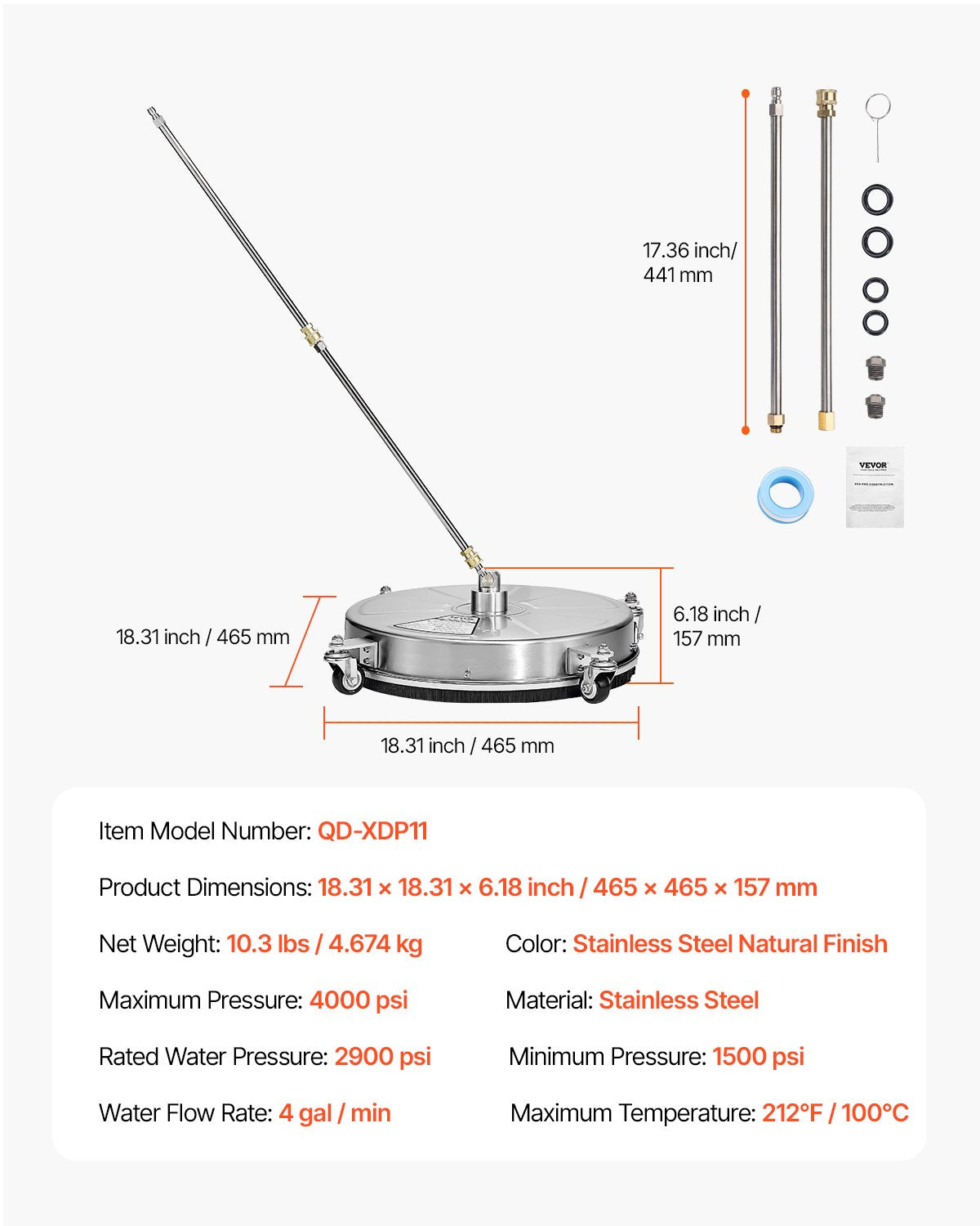 18" Hochdruckreiniger, Oberflächenreinigung, 4 Räder, 4000 Max PSI, 2 verlängerte Stäbe