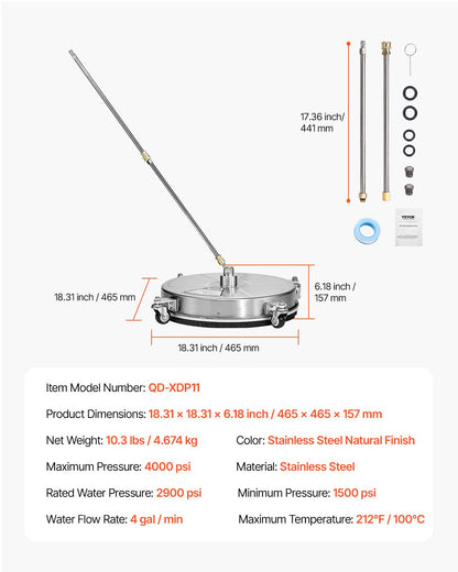18" Hochdruckreiniger, Oberflächenreinigung, 4 Räder, 4000 Max PSI, 2 verlängerte Stäbe