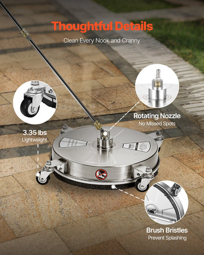 15" Pressure Washer Surface Cleaner, Stainless Steel Pressure Washer Attachments with 4 Wheels, 4000 Max PSI, 1/4 Quick Connector, 2 Spray Nozzles, 2 Extended Wands for Concrete, Patio, Deck