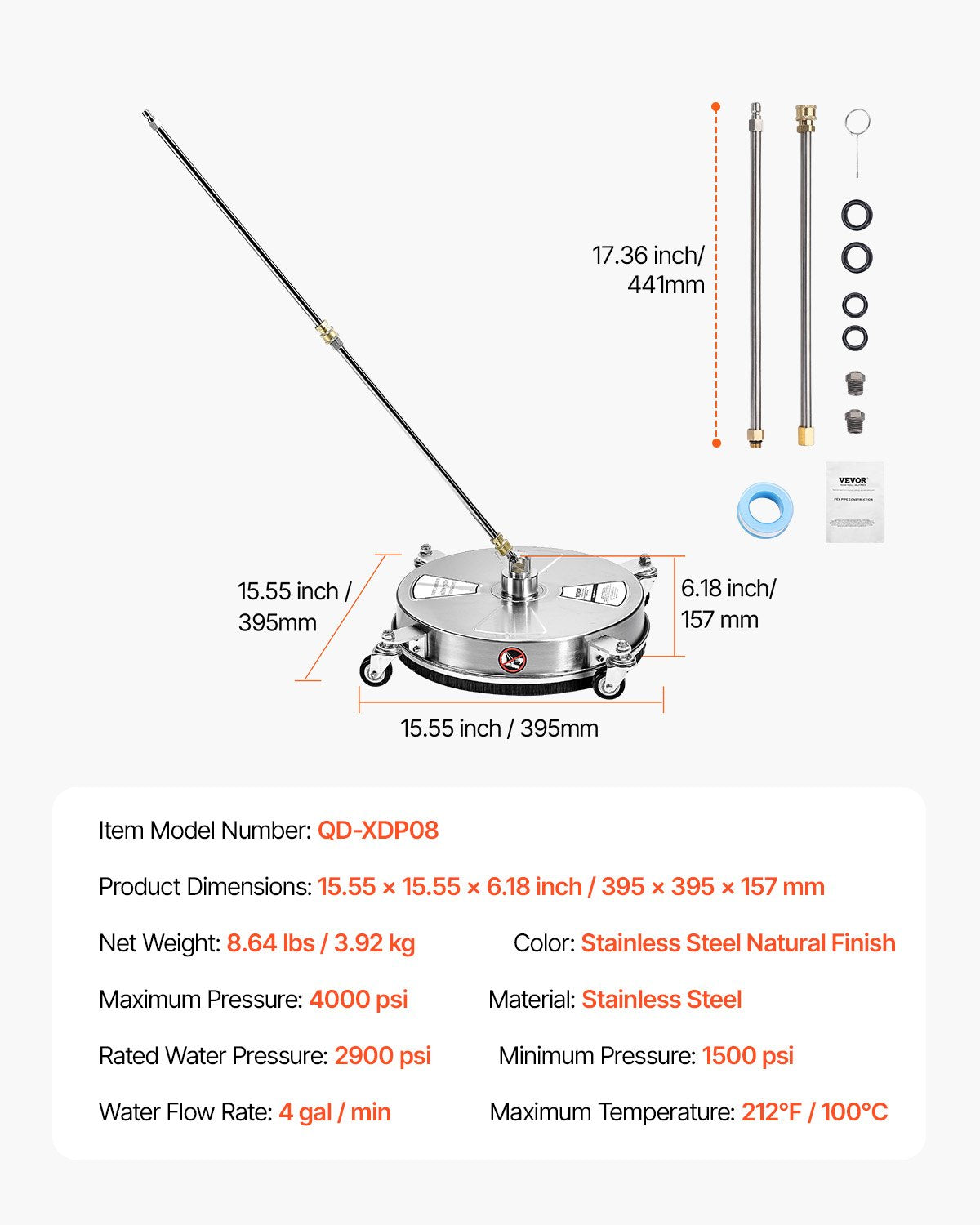 15" Pressure Washer Surface Cleaner, Stainless Steel Pressure Washer Attachments with 4 Wheels, 4000 Max PSI, 1/4 Quick Connector, 2 Spray Nozzles, 2 Extended Wands for Concrete, Patio, Deck