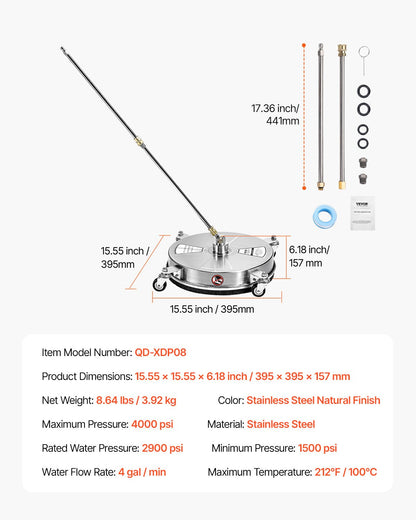 15" Pressure Washer Surface Cleaner, Stainless Steel Pressure Washer Attachments with 4 Wheels, 4000 Max PSI, 1/4 Quick Connector, 2 Spray Nozzles, 2 Extended Wands for Concrete, Patio, Deck