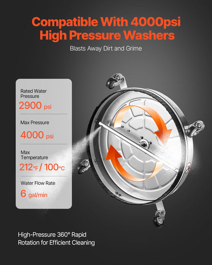 24" högtryckstvätt Ytrengöring 4 hjul Dubbla handtag 4000 Max PSI