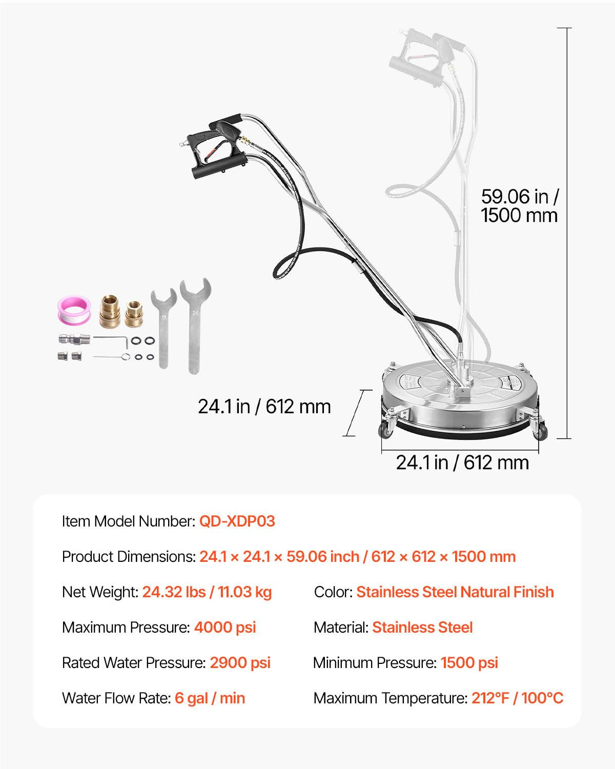 24" Pressure Washer Surface Cleaner, Stainless Steel Pressure Washer Attachments with 4 Wheels, 4000 Max PSI, 3/8 Quick Connector, 2 Spray Nozzles, Dual Handle, for Concrete, Patio, Sidewalk