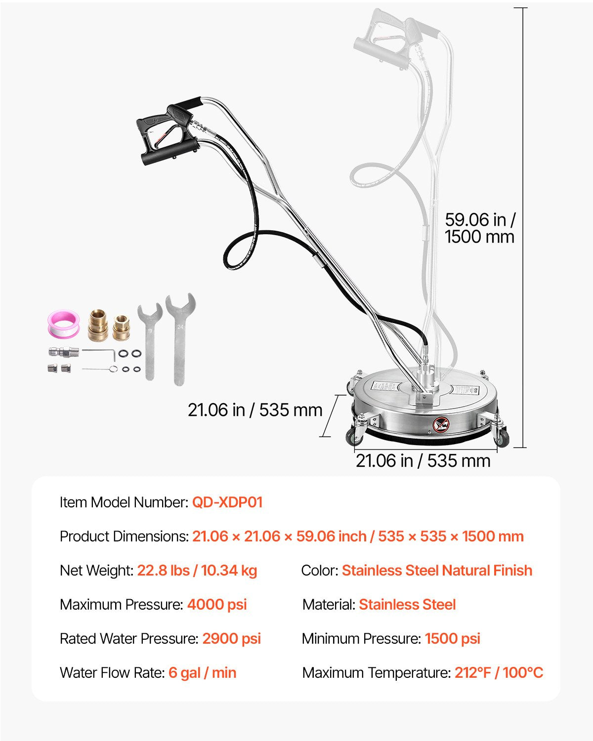 21" Hochdruckreiniger, Oberflächenreinigung, 4 Räder, Doppelgriffe, 4000 Max PSI