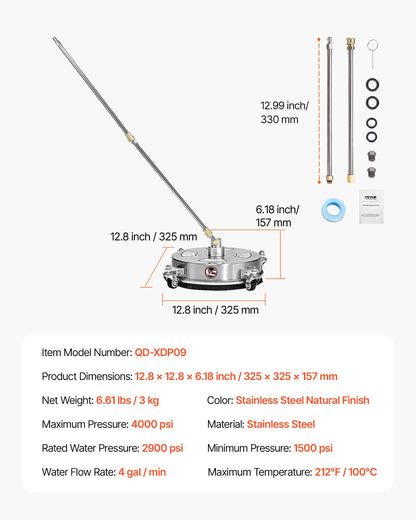14" Pressure Washer Surface Cleaner, Stainless Steel Pressure Washer Attachments with 4 Wheels, 4000 Max PSI, 1/4 Quick Connector, 2 Spray Nozzles, 2 Extended Wands for Concrete, Patio, Deck