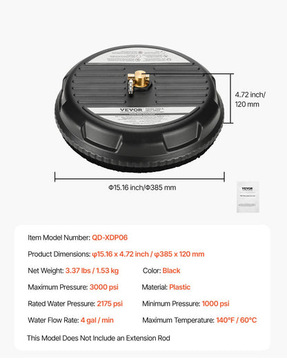 15" Hochdruckreiniger, Oberflächenreinigung, 4 Räder, 3000 Max PSI, Kunststoff, Schwarz