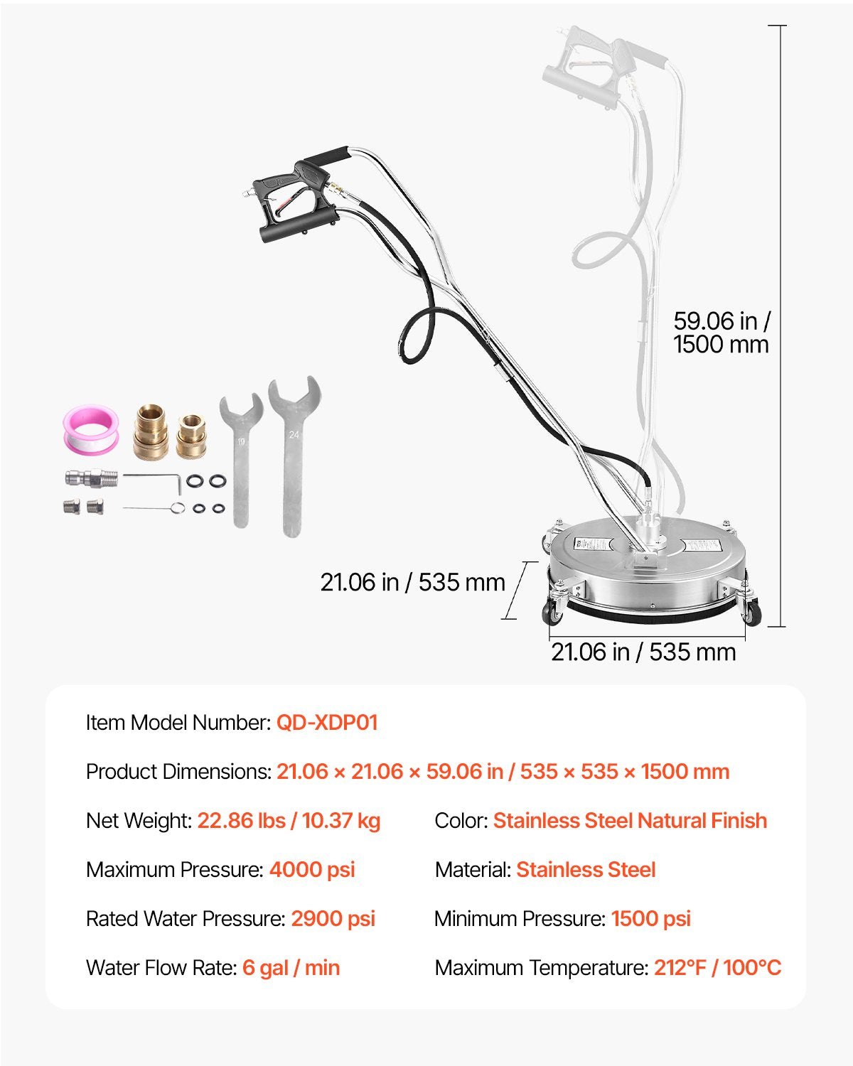 20" högtryckstvätt Ytrengöring 4 hjul Dubbla handtag 4000 Max PSI