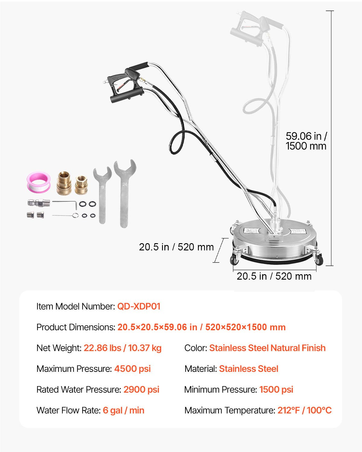 20" Pressure Washer Surface Cleaner 4 Wheels Dual Handle 4500 Max PSI
