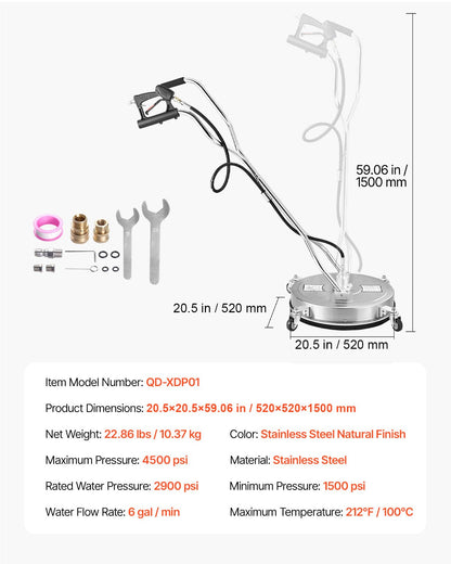 20" Pressure Washer Surface Cleaner 4 Wheels Dual Handle 4500 Max PSI