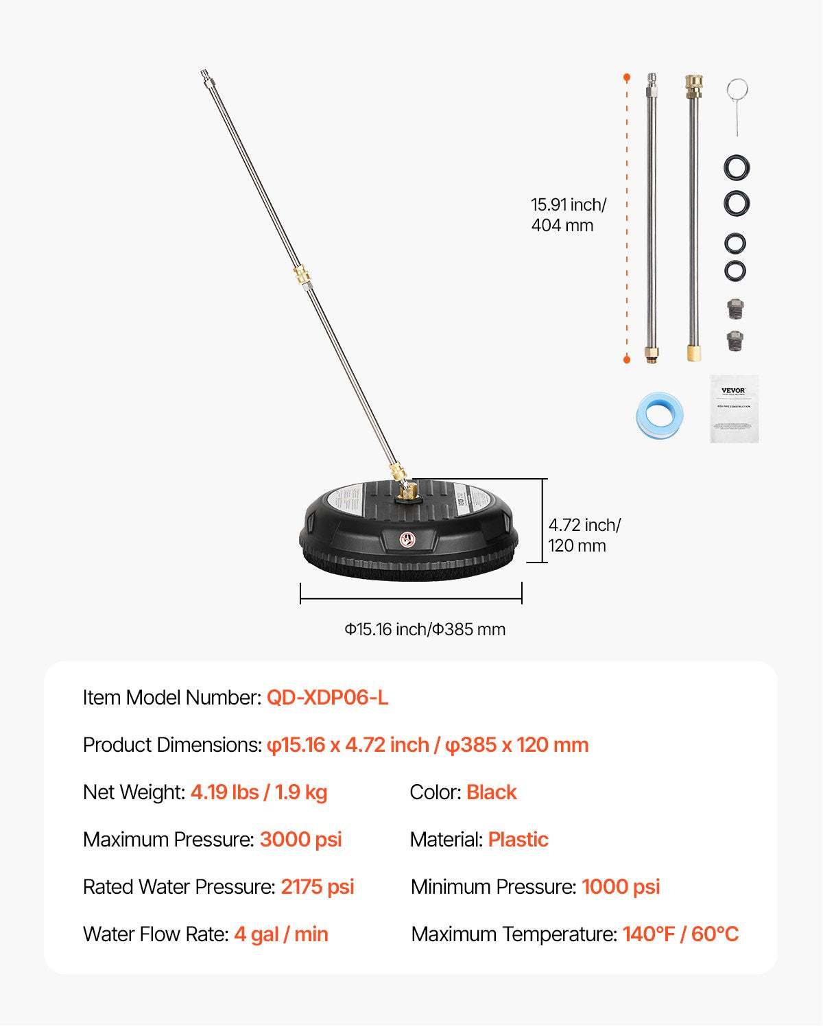 15" högtryckstvätt Ytrengöring 3000 Max PSI plast 2 förlängda stavar