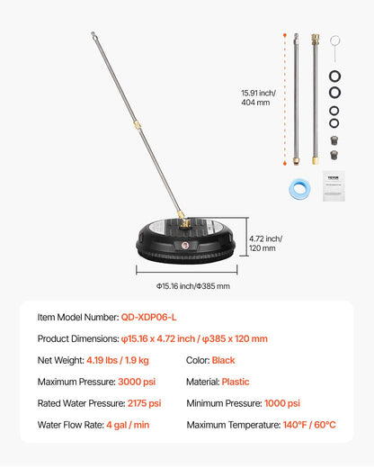 15" högtryckstvätt Ytrengöring 3000 Max PSI plast 2 förlängda stavar
