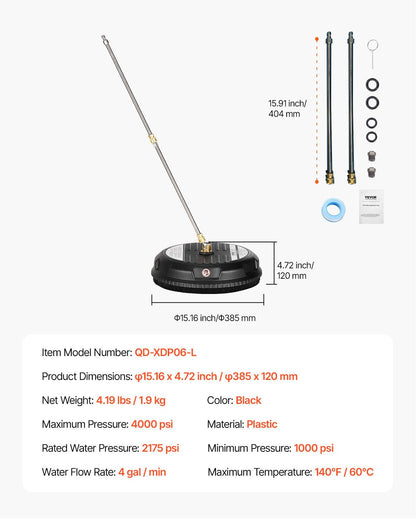 15" Pressure Washer Surface Cleaner, Plastic Pressure Washer Attachments with 4 Wheels, 4000 Max PSI, 1/4 Quick Connector, 2 Spray Nozzles, 2 Extended Wands for Driveway, Sidewalk, Patio, Deck