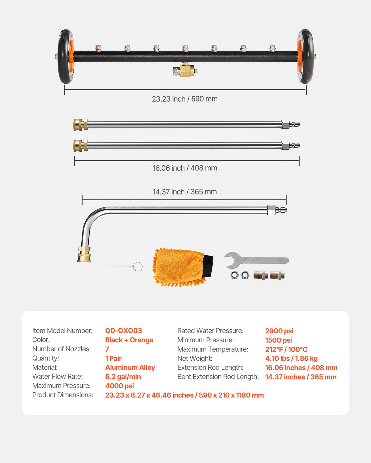24" Hochdruckreiniger Unterbodenreiniger mit 2 Rädern 2 verlängerte Stäbe