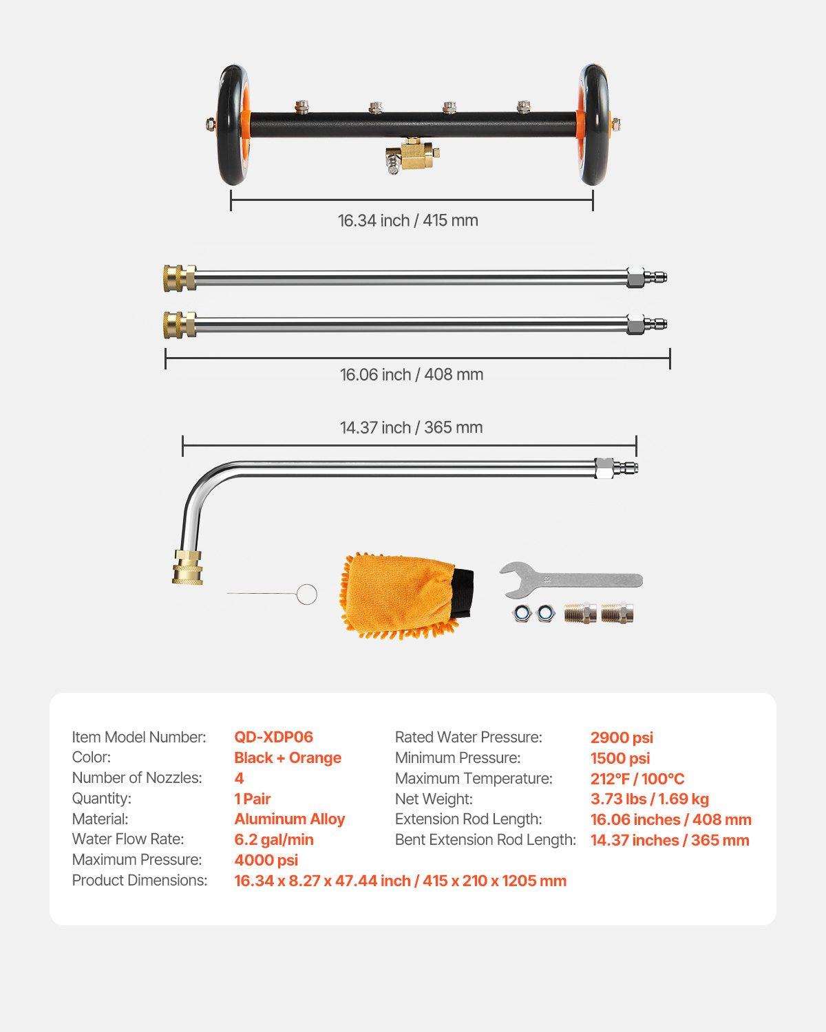 16" högtryckstvätt underredesrengörare med 2 hjul 2 förlängda stavar