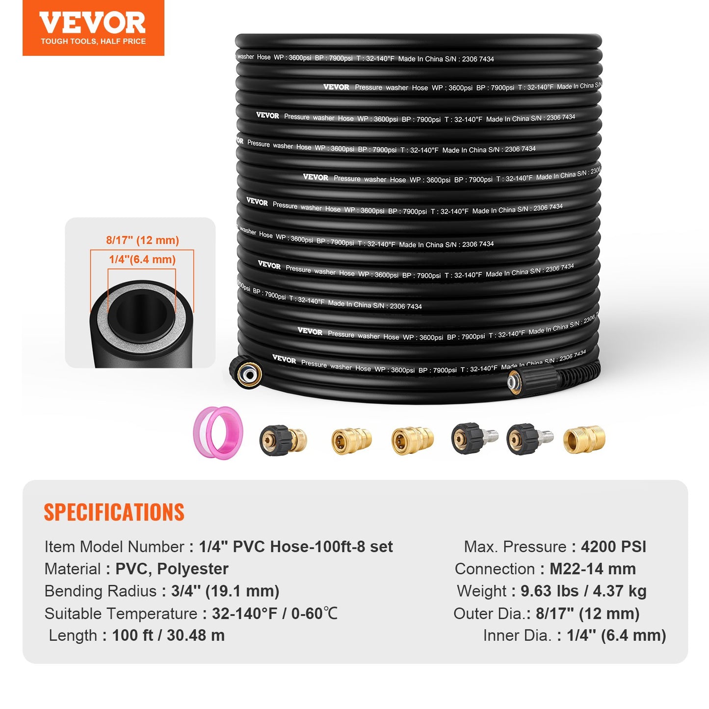 Pressure Washer Hose, 30.5m, 6.35mm Bend-Free M22-14mm Brass Thread Replacement for Most Brands of Pressure Washers, 19mm Bend Radius, 4200 PSI Heavy Duty Power Washer Extension Hose.