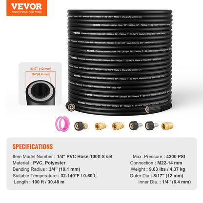 Pressure Washer Hose, 30.5m, 6.35mm Bend-Free M22-14mm Brass Thread Replacement for Most Brands of Pressure Washers, 19mm Bend Radius, 4200 PSI Heavy Duty Power Washer Extension Hose.