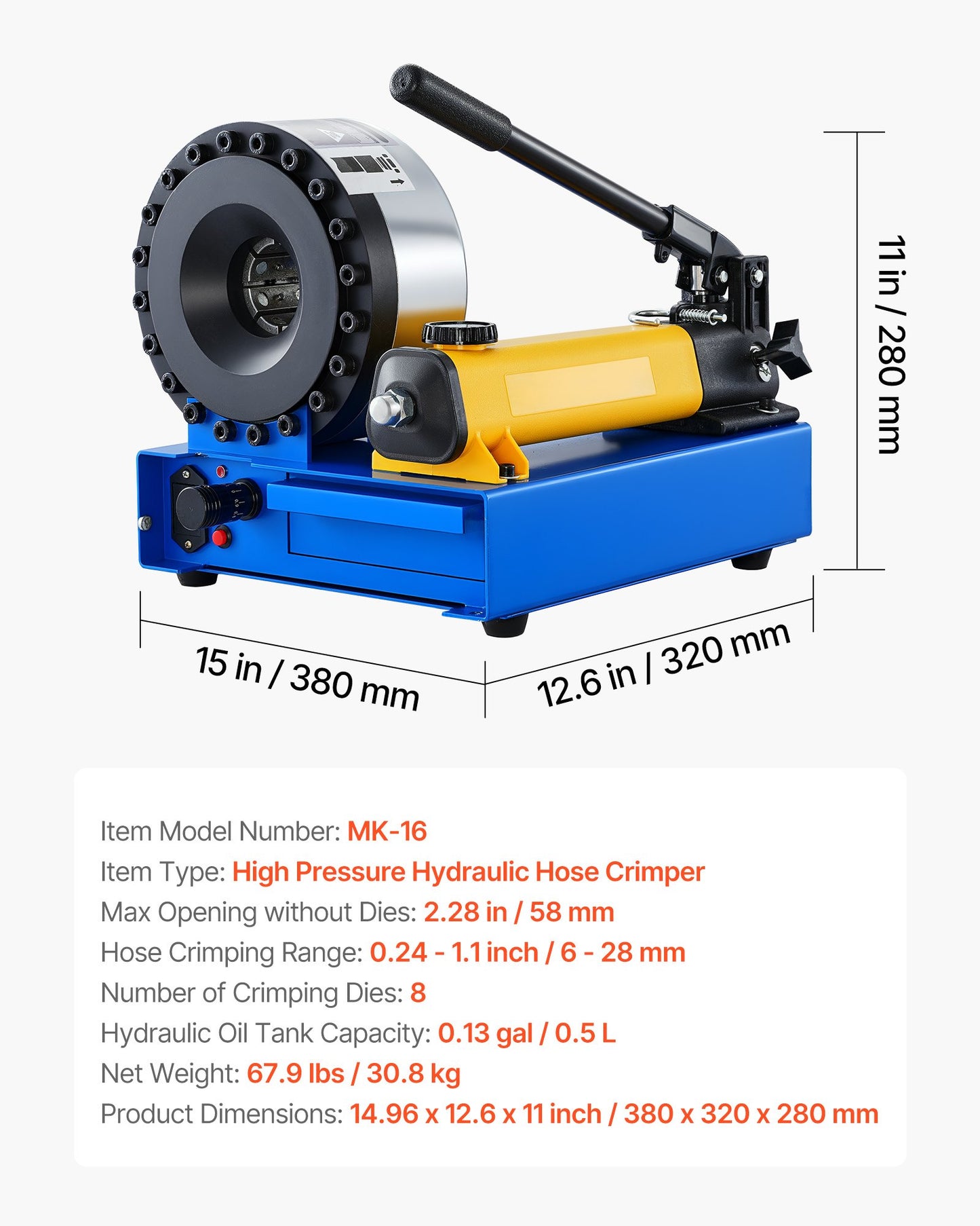 High Pressure Hydraulic Hose Crimper, Manual Hose Crimping Tool with 8 Dies & 0.24"-1.1" Crimping Range, Suitable for Low & High-Pressure Oil Pipes, Gas/Water/Auto AC Hoses & Cable Joints