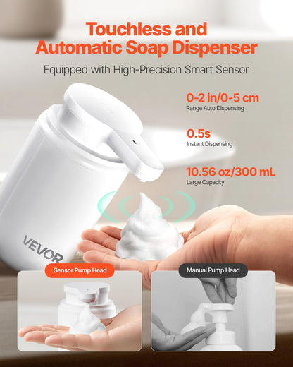 Soap Dispenser, 300 ml / 10 oz, Rechargeable Automatic Hand Soap Dispenser with Pump, 2 Adjustable Levels, Modern Touchless Liquid Foam Container with Indicator for Bathroom and Kitchen, White