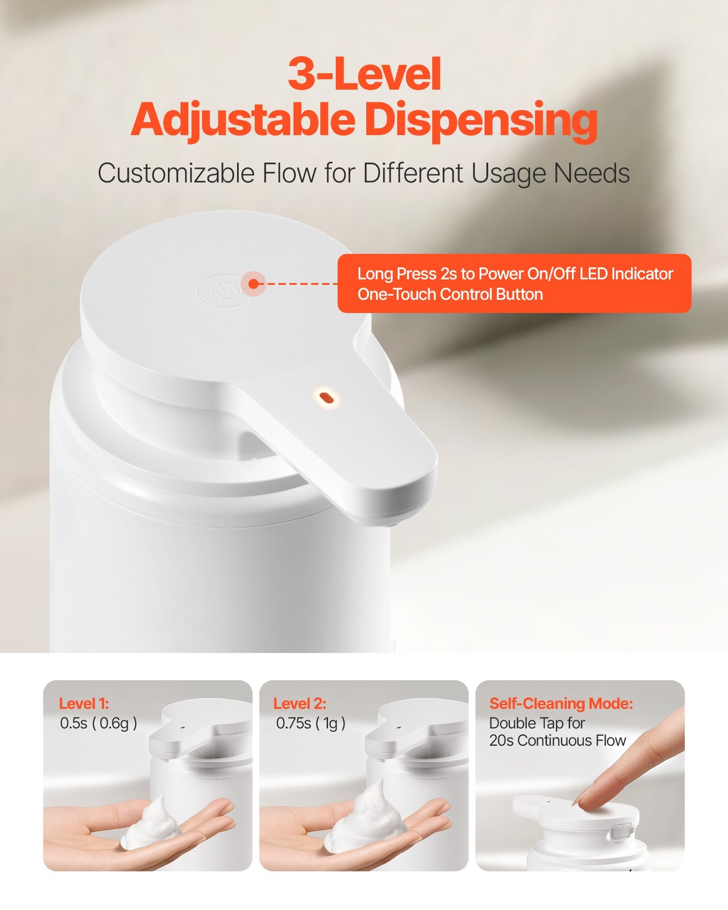 Soap Dispenser, 300 ml / 10 oz, Rechargeable Automatic Hand Soap Dispenser with Pump, 2 Adjustable Levels, Modern Touchless Liquid Foam Container with Indicator for Bathroom and Kitchen, White