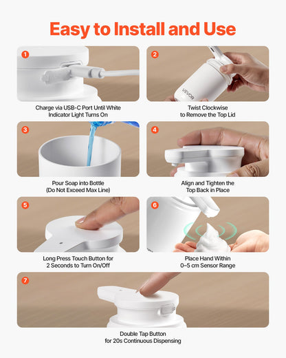 Soap Dispenser, 300 ml / 10 oz, Rechargeable Automatic Hand Soap Dispenser with Pump, 2 Adjustable Levels, Modern Touchless Liquid Foam Container with Indicator for Bathroom and Kitchen, White