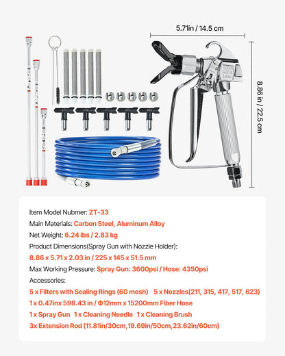 Airless Paint Spray Gun and Hose Kit 3600PSI with Extension Rod Filter