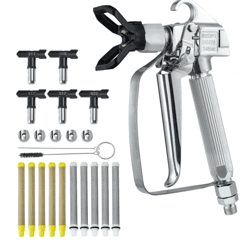 Airless Paint Spray Gun, 3600PSI High Pressure Airless Paint Sprayer Gun with 5 Tips, 211, 315, 417, 517, 623, Swivel Joint Airless Spray Gun Kit with Filters, Cleaning Needle and Brush