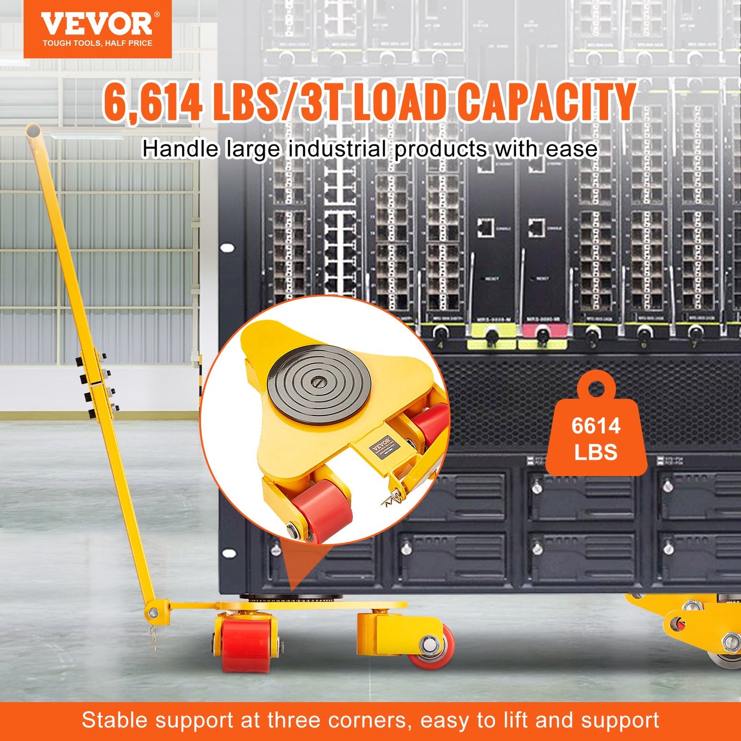 Maschinen-Rollwagen, 6614 Pfund/3 Tonnen Industriemaschinentransporter mit Griff, Maschinentransportwagen aus Karbonstahl mit 3 um 360° drehbaren PU-Rädern, 360° drehbar, rutschfest für Lager, Werkstatt