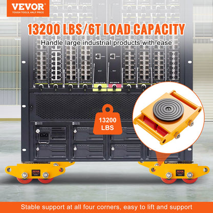 Maschinen-Rollwagen, 13.200 Pfund/6 Tonnen Industriemaschinen-Transporter, Hochleistungs-Maschinen-Transportwagen aus Karbonstahl mit 4 PU-Rädern und 360° drehbarer Anti-Rutsch-Funktion für Lager, Werkstatt, Fabrik