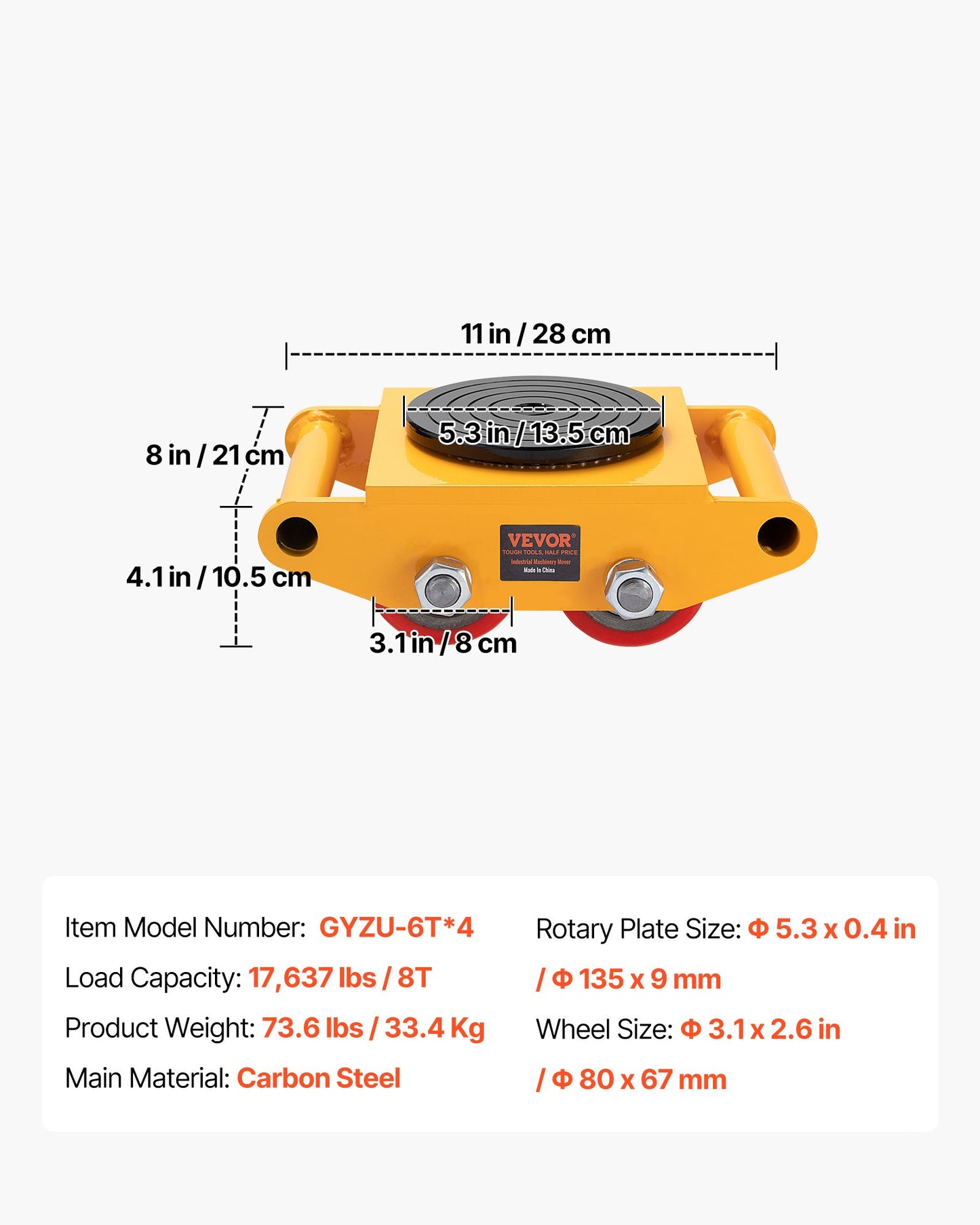 4PCS Machinery Skate Dolly, 17637 LBS/8T Industrial Machinery Mover, Heavy Duty Carbon Steel Machinery Moving Skate with 4 PU Wheels and 360° Rotation Non-Slip Cap for Warehouse, Workshop, Facto