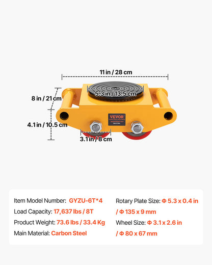 4PCS Machinery Skate Dolly, 17637 LBS/8T Industrial Machinery Mover, Heavy Duty Carbon Steel Machinery Moving Skate with 4 PU Wheels and 360° Rotation Non-Slip Cap for Warehouse, Workshop, Facto