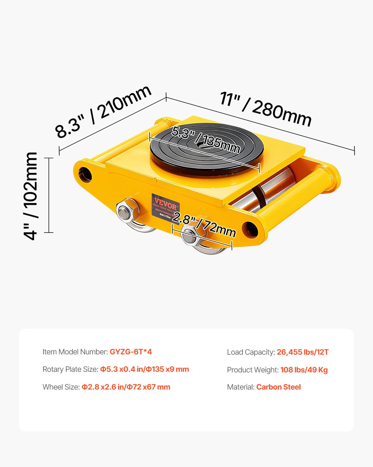 4PCS Machinery Skate Dolly, 26455LBS/12T Industrial Machinery Mover, Heavy Duty Carbon Steel Machinery Moving Skate & 4 Carbon Steel Wheels and 360° Rotation Non-slip Cap for Warehouse, Factory
