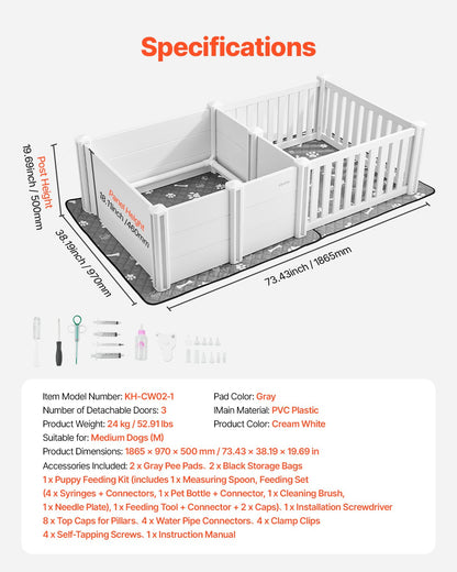 Dog Whelping Box, 73x38x19.7 in, Plastic Dog Whelping Pen with Adjustable Height Door, Puppy Playpen with Waterproof Pee Pad, Easy to Clean, Durable Indoor Pet Birth Kit for Medium Sized Dogs