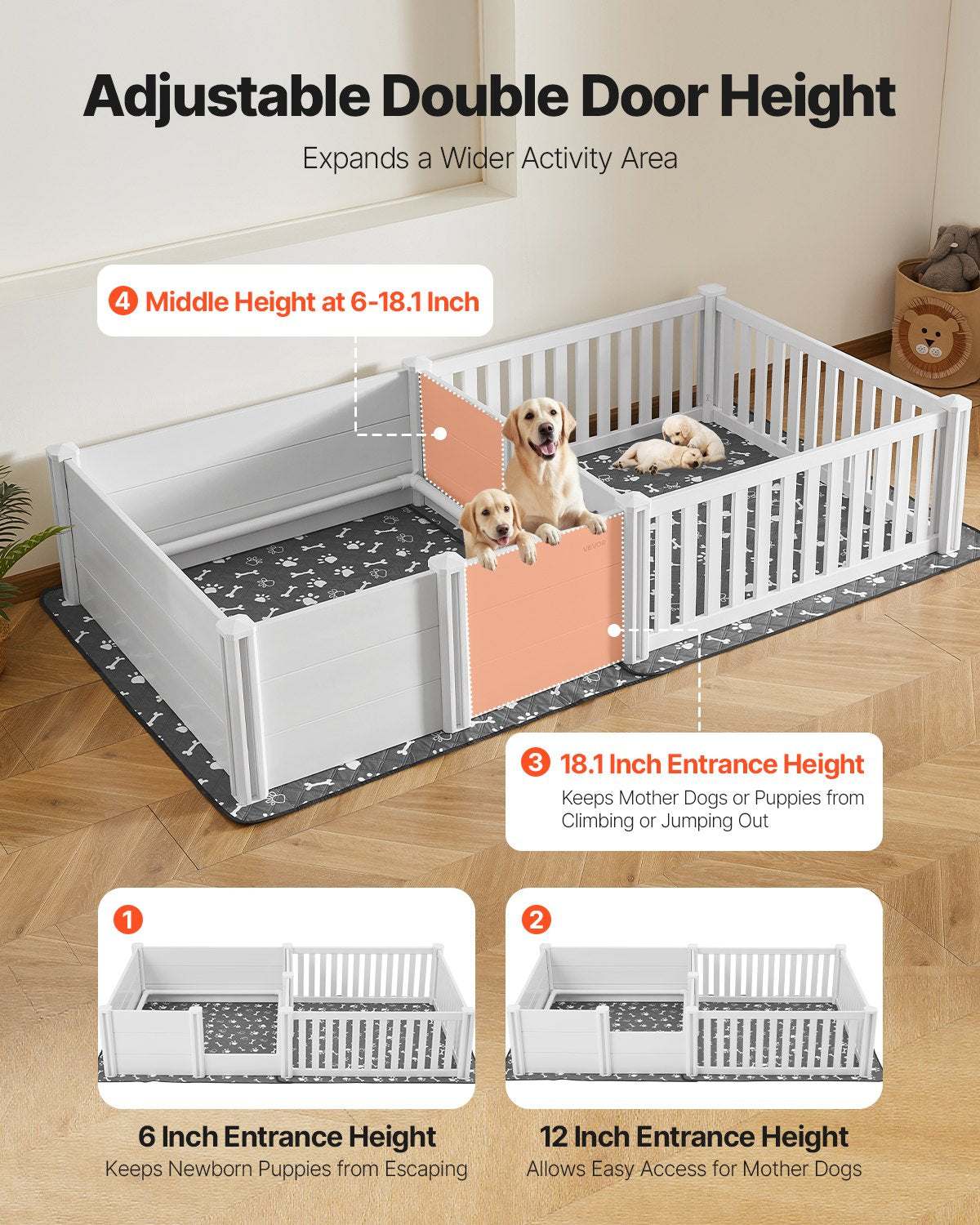 Dogs Whelping Box, 93.3x48.4x18.1 inch, Plastic PVC Puppies Playpen with Height Adjustable Door and Washable Pee Pad, 2-Room Layout Indoor Puppy Play Pen for Extra Large Breed Dogs, Milk White