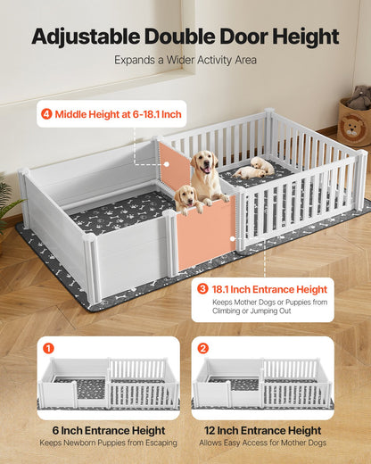 Dogs Whelping Box, 93.3x48.4x18.1 inch, Plastic PVC Puppies Playpen with Height Adjustable Door and Washable Pee Pad, 2-Room Layout Indoor Puppy Play Pen for Extra Large Breed Dogs, Milk White
