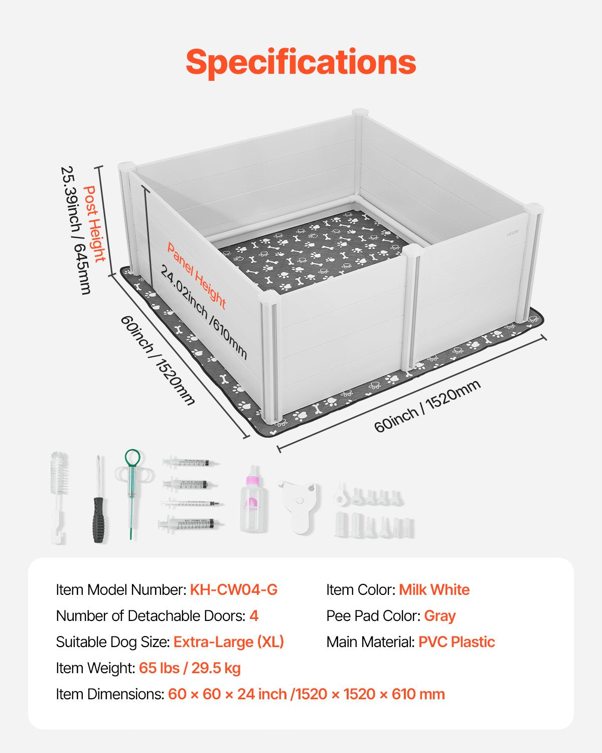 Dogs Whelping Box, 60 x 60 x 24 inch, Plastic PVC Puppies Playpen with Height Adjustable Door and Washable Pee Pad, Anti-Deformation Indoor Puppy Play Pen for Extra Large Breed Dogs, Milk White