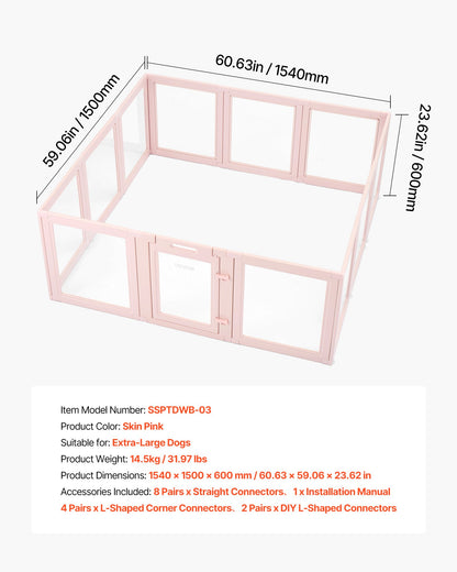 Dog Whelping Box, 60x59x23 in Transparent Plastic Dog Whelping Pen for X-Large Sized Dogs, Waterproof Puppy Playpen with Windows & Door Lock, Easy to Clean, Durable Indoor Pet Dogs Cats Birth Kit