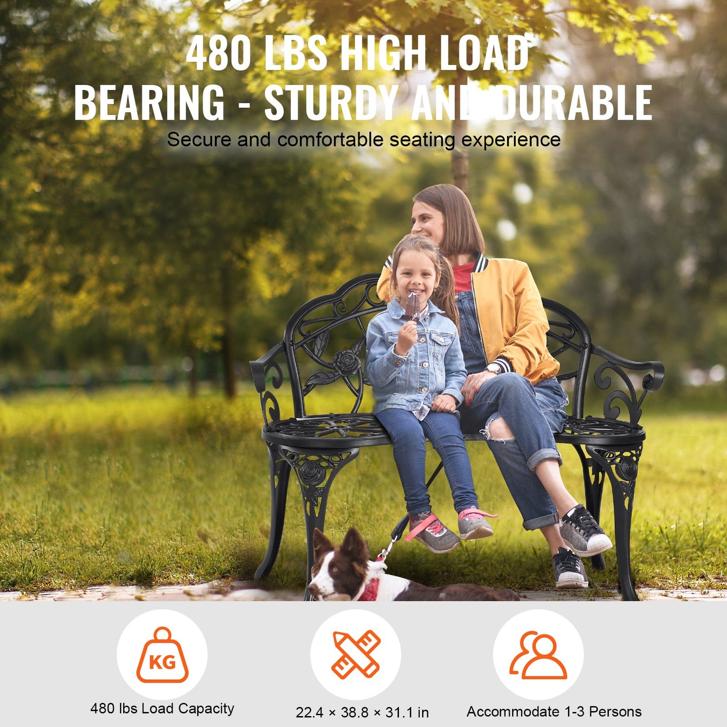 Utomhusbänk, 38,8 tum trädgårdsbänk i metall för utomhusbruk, 480 lbs lastkapacitetsbänk, trädgårdsbänk utomhus med ryggstöd och armstöd, uteplatsbänk för trädgård, park, gård, veranda