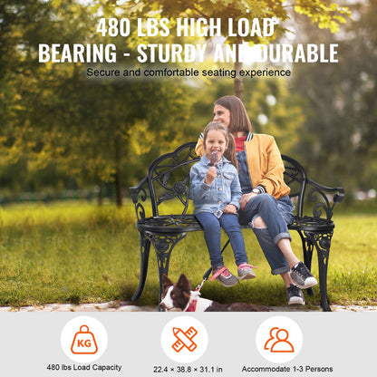 Utomhusbänk, 38,8 tum trädgårdsbänk i metall för utomhusbruk, 480 lbs lastkapacitetsbänk, trädgårdsbänk utomhus med ryggstöd och armstöd, uteplatsbänk för trädgård, park, gård, veranda