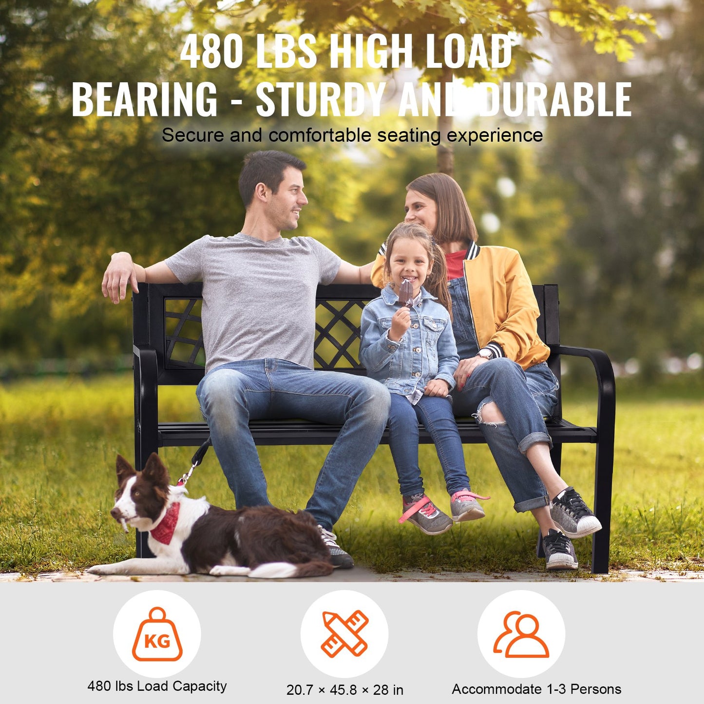 Utomhusbänk, 46 tums trädgårdsbänk i metall för utomhusbruk, 480 lbs lastkapacitetsbänk, trädgårdsbänk utomhus med ryggstöd och armstöd, uteplatsbänk för trädgård, park, gård, veranda
