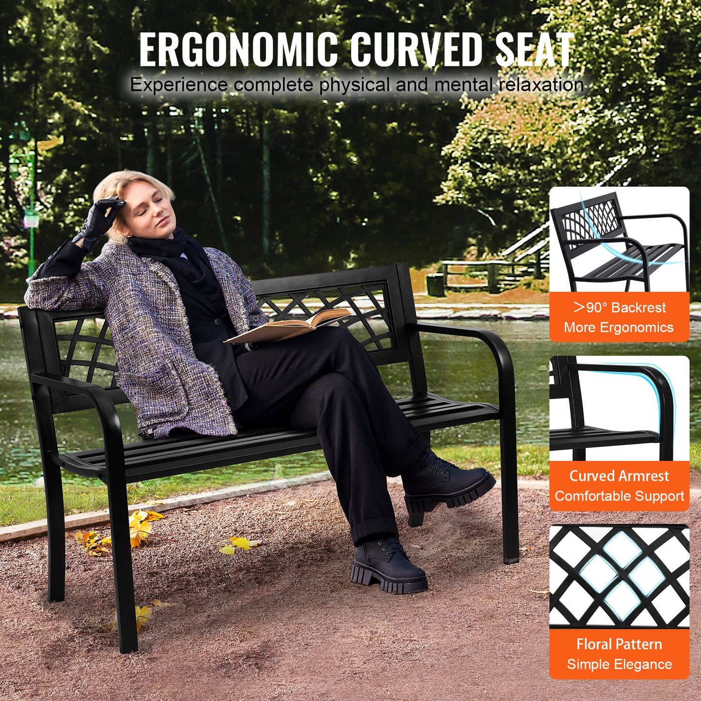 Utomhusbänk, 46 tums trädgårdsbänk i metall för utomhusbruk, 480 lbs lastkapacitetsbänk, trädgårdsbänk utomhus med ryggstöd och armstöd, uteplatsbänk för trädgård, park, gård, veranda